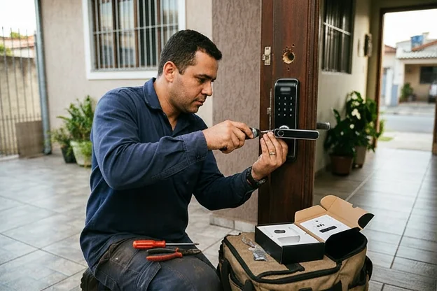 Chaveiro instalando uma fechadura digital em uma residência em Suzano.